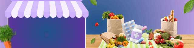 Hero banner with groceries and a pharmacy storefront